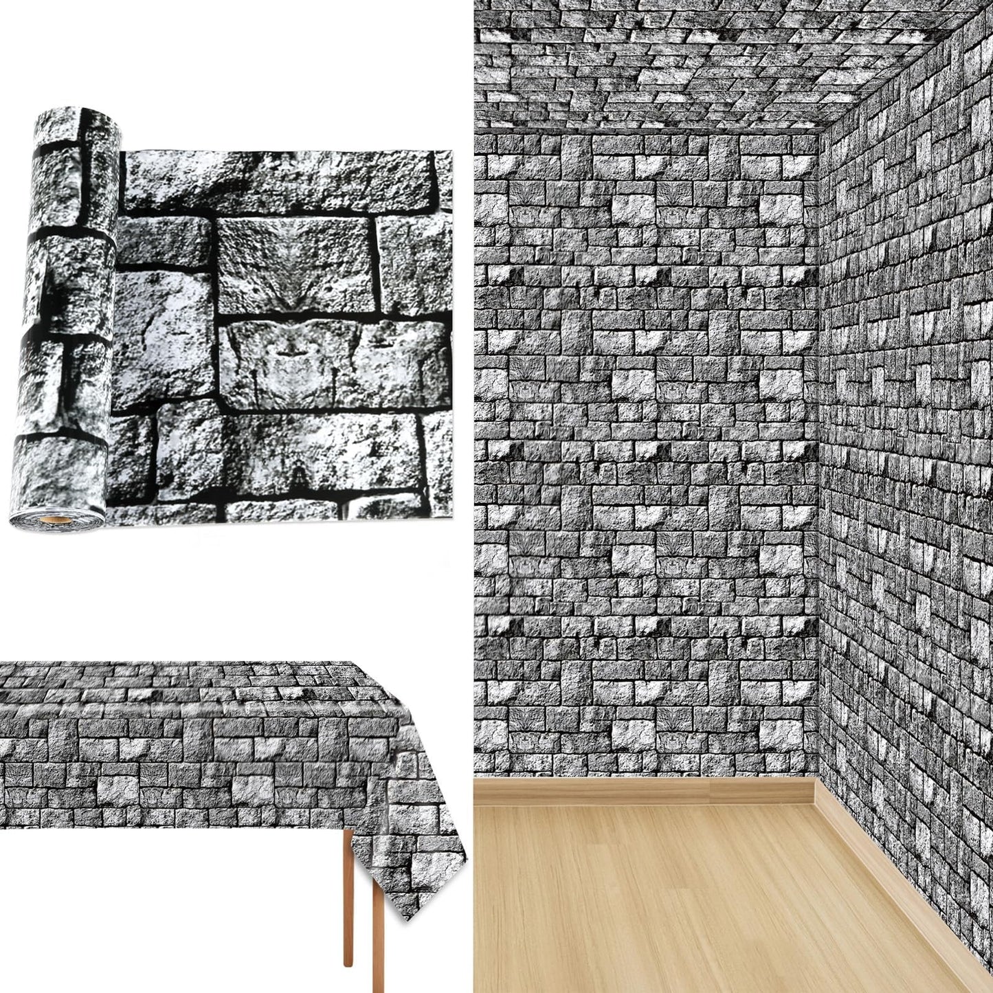 Party Greeting Brick Stone Wall Tablecloth Roll | 100ft x 51in Disposable Medieval Backdrop & Table Cover
