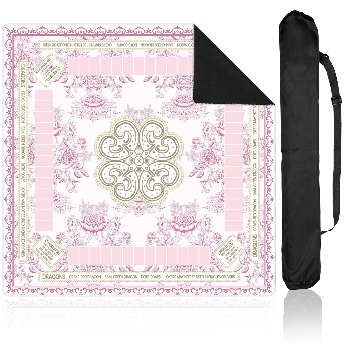 Party Greeting Chinoiserie Mahjong Mat with Black Carrying Bag – 31.5 x 31.5 in, Pink | Anti-Slip & Noise-Reducing Table Cover