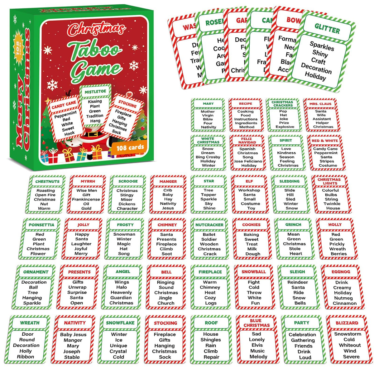 Party Greeting Christmas Taboo Game Cards – 108 Card Set for Holiday Party Fun