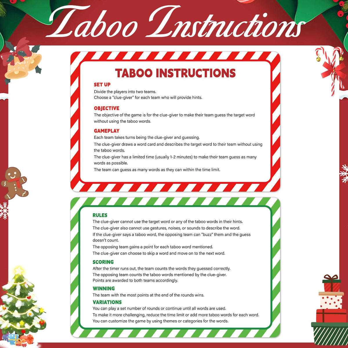Party Greeting Christmas Taboo Game Cards – 108 Card Set for Holiday Party Fun