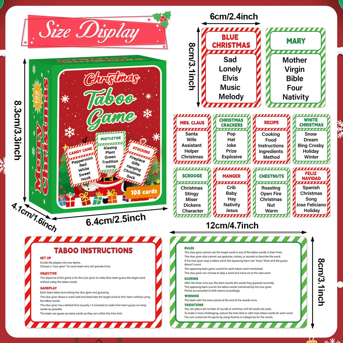 Party Greeting Christmas Taboo Game Cards – 108 Card Set for Holiday Party Fun