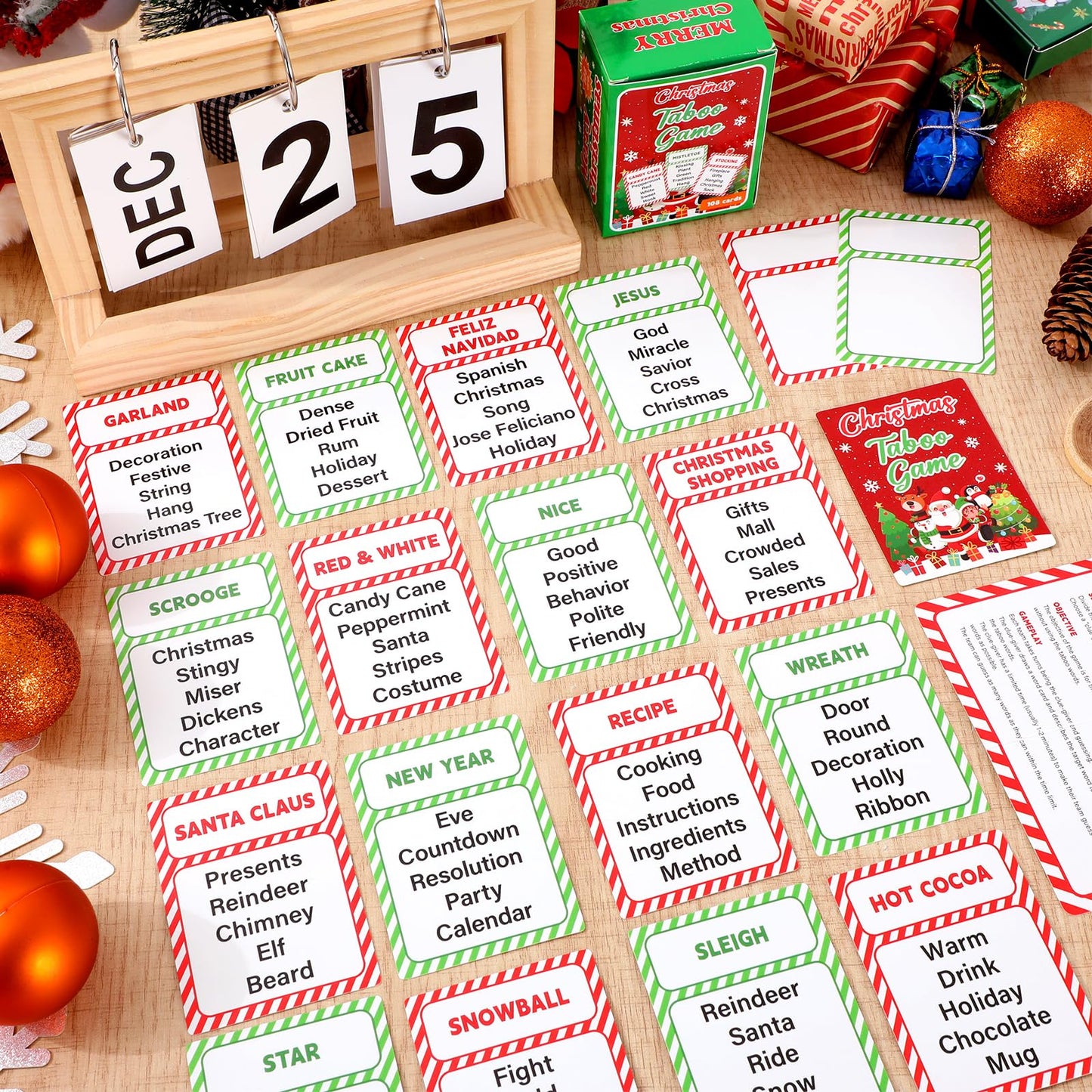 Party Greeting Christmas Taboo Game Cards – 108 Card Set for Holiday Party Fun
