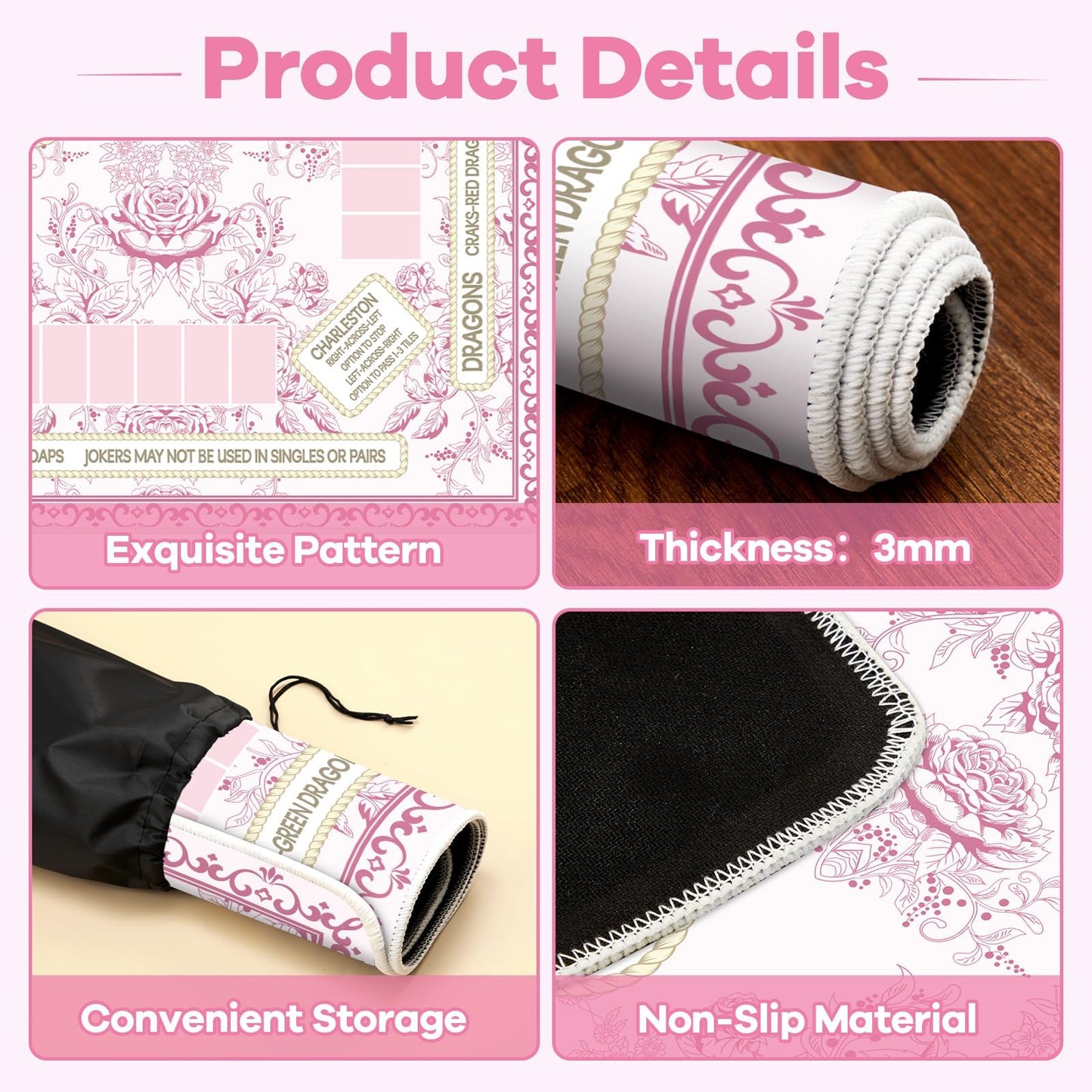 Party Greeting Chinoiserie Mahjong Mat with Black Carrying Bag – 31.5 x 31.5 in, Pink | Anti-Slip & Noise-Reducing Table Cover