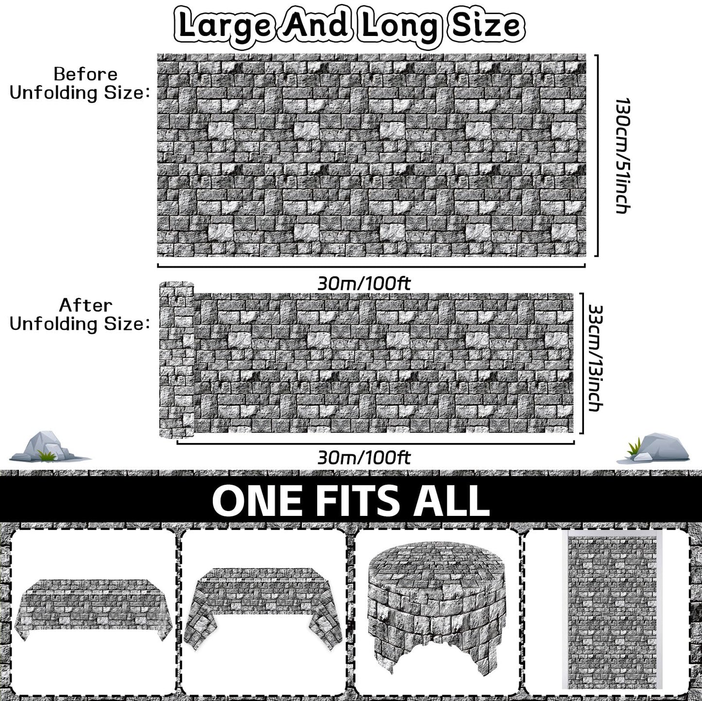 Party Greeting Brick Stone Wall Tablecloth Roll | 100ft x 51in Disposable Medieval Backdrop & Table Cover