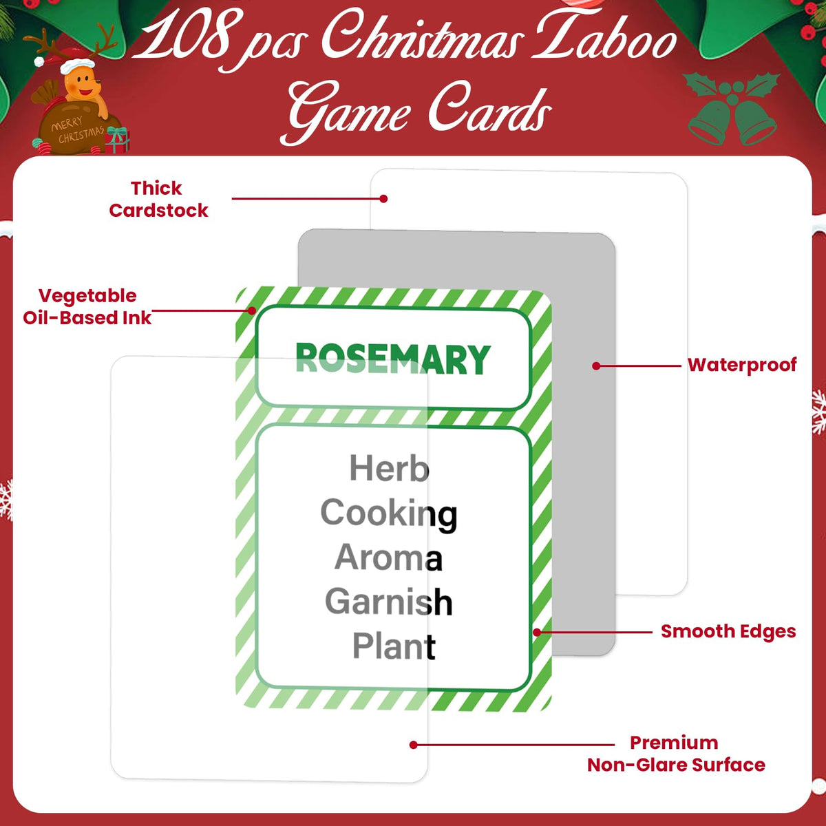 Party Greeting Christmas Taboo Game Cards – 108 Card Set for Holiday Party Fun