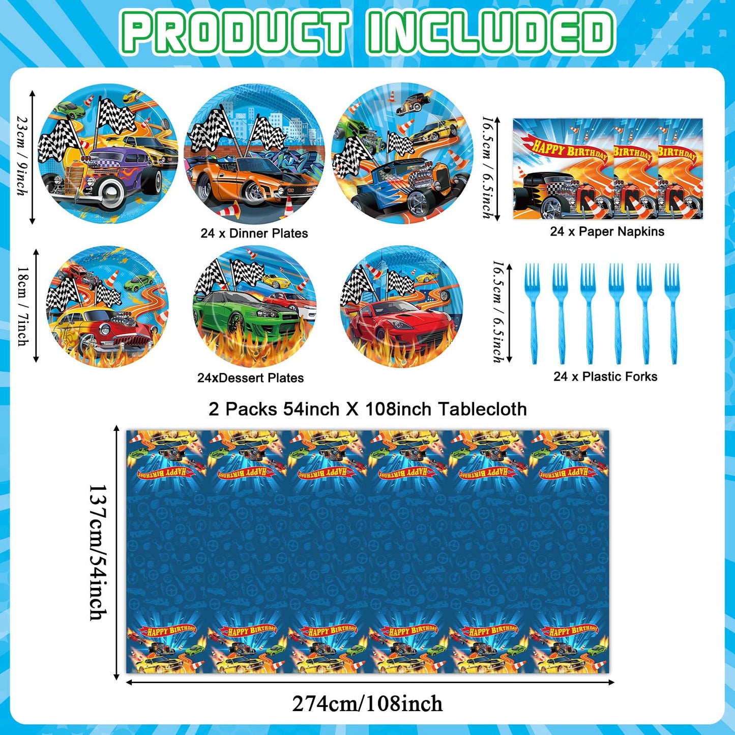 Party Greeting 98 Pcs Race Car Party Supplies – Checkered Tableware Set for 24 Guests