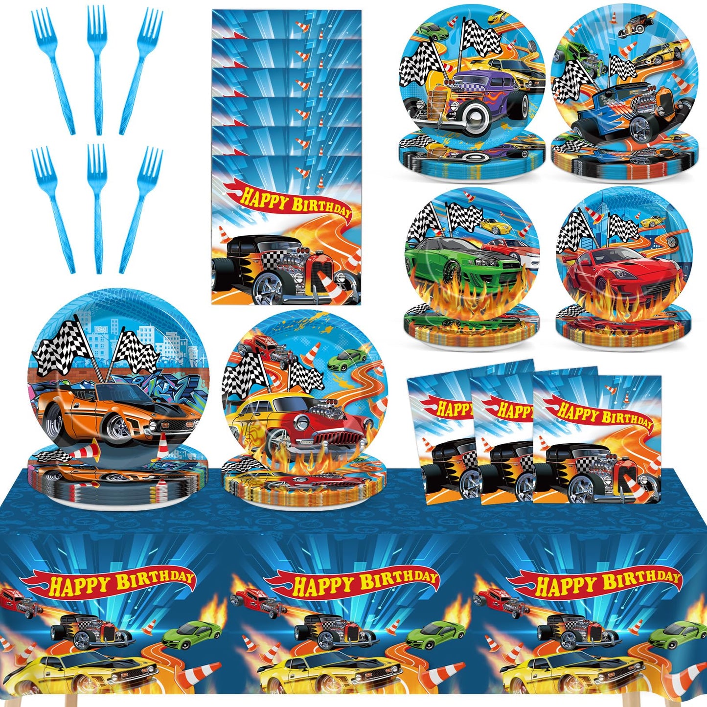Party Greeting 98 Pcs Race Car Party Supplies – Checkered Tableware Set for 24 Guests
