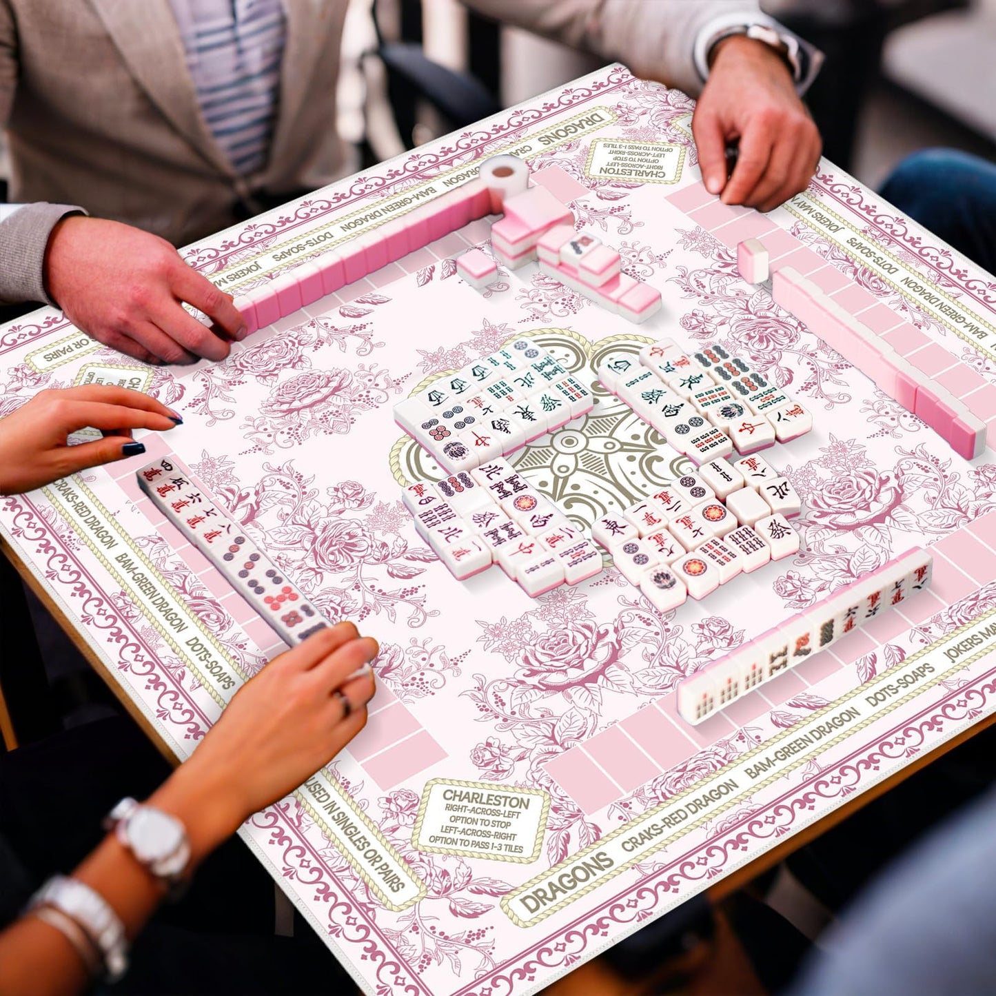 Party Greeting Chinoiserie Mahjong Mat with Black Carrying Bag – 31.5 x 31.5 in, Pink | Anti-Slip & Noise-Reducing Table Cover