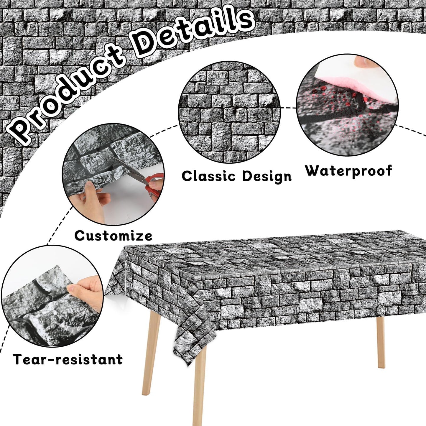 Party Greeting Brick Stone Wall Tablecloth Roll | 100ft x 51in Disposable Medieval Backdrop & Table Cover