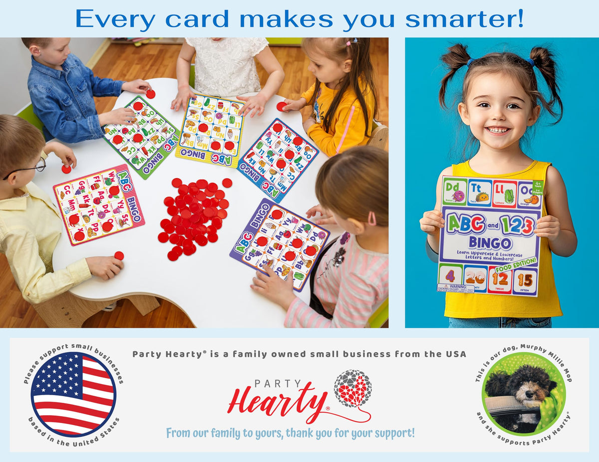 Party Hearty Alphabet & Number Bingo Board Game – Food Edition – Ages 4+