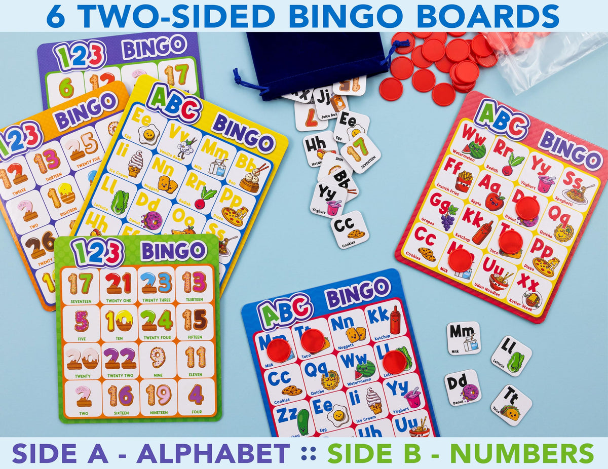 Party Hearty Alphabet & Number Bingo Board Game – Food Edition – Ages 4+