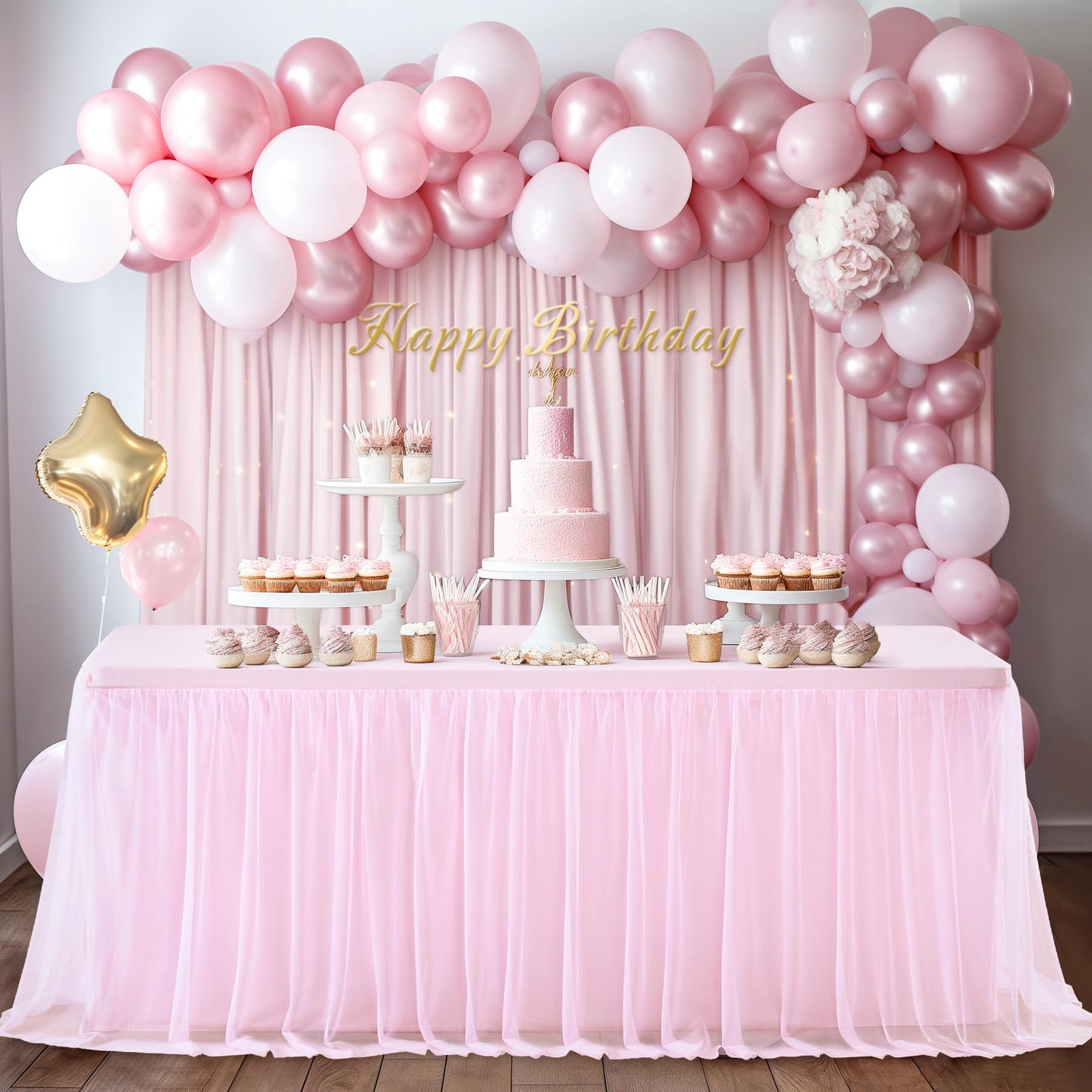 Party Talk Pink Tulle Tablecloth & Skirt for 6ft Tables | Easy Fit & Double-Ruffle