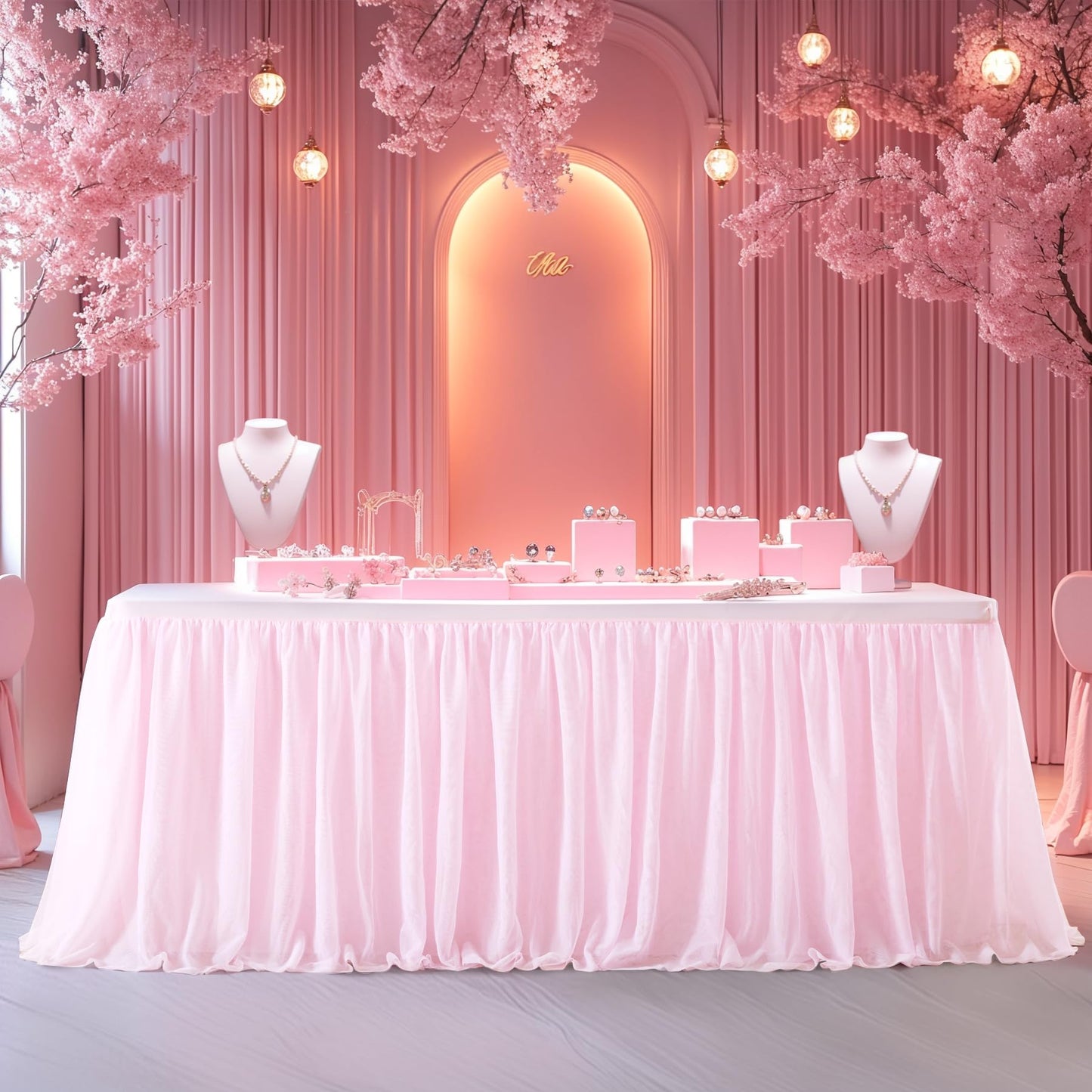 Party Talk Pink Tulle Tablecloth & Skirt for 6ft Tables | Easy Fit & Double-Ruffle