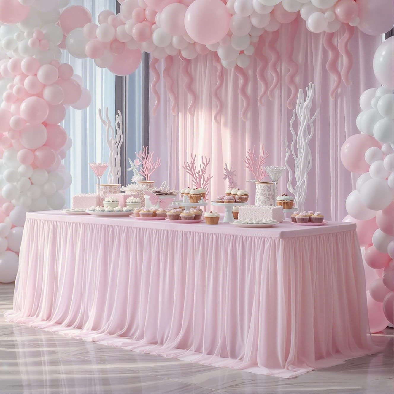 Party Talk Pink Tulle Tablecloth & Skirt for 6ft Tables | Easy Fit & Double-Ruffle