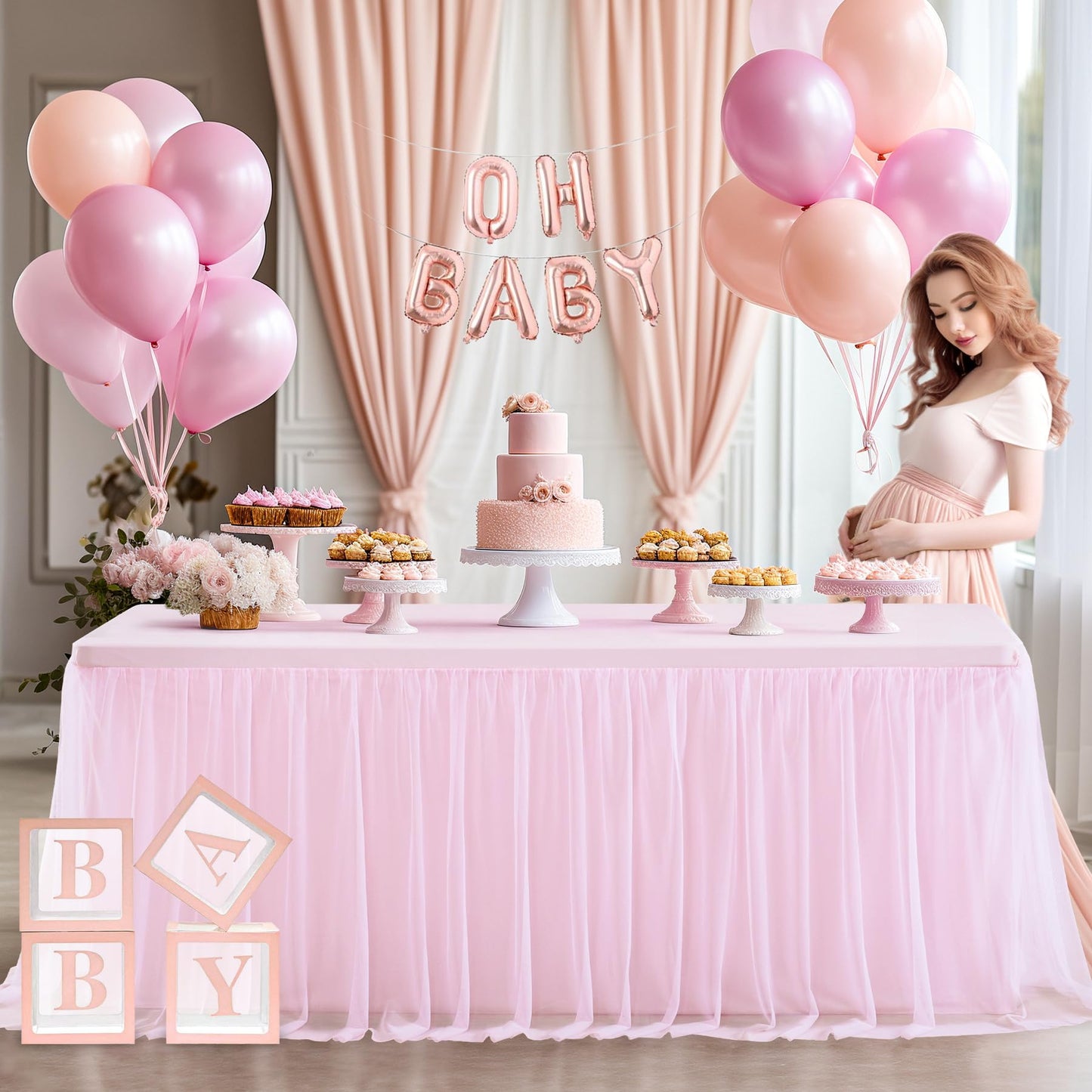 Party Talk Pink Tulle Tablecloth & Skirt for 6ft Tables | Easy Fit & Double-Ruffle
