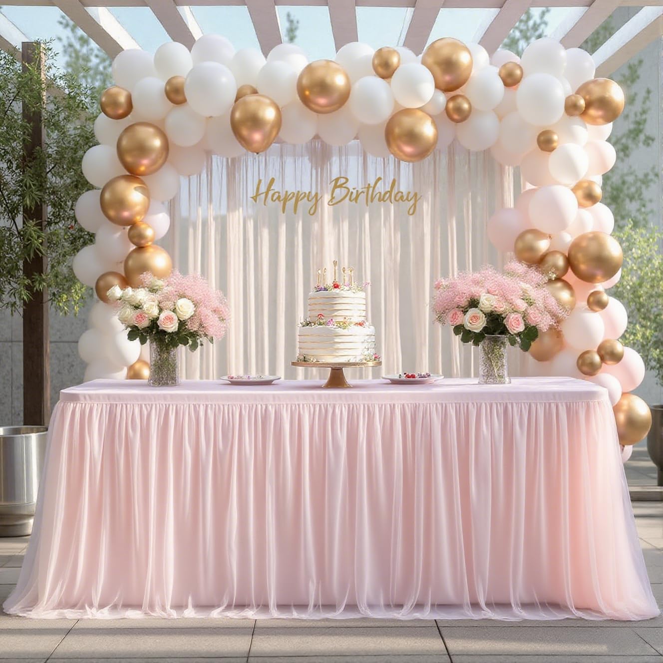 Party Talk Pink Tulle Tablecloth & Skirt for 6ft Tables | Easy Fit & Double-Ruffle
