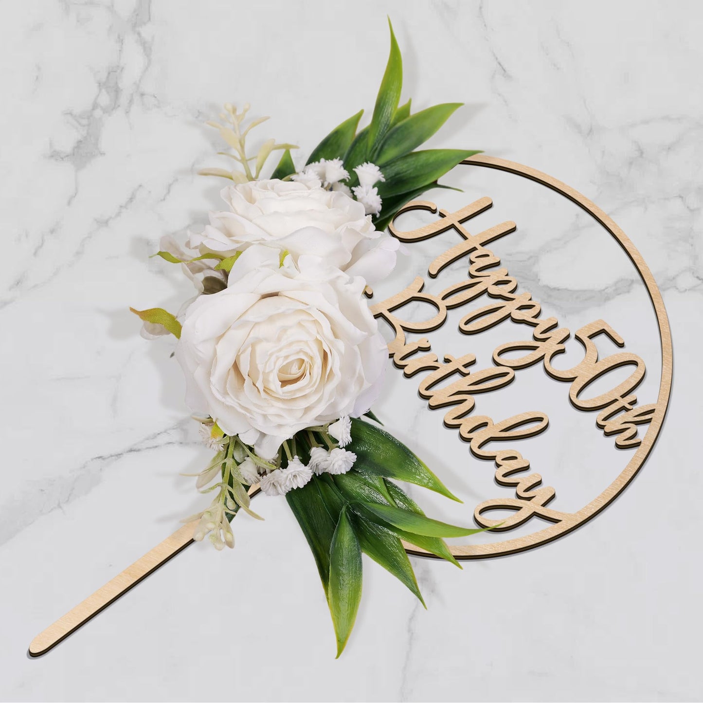 Party to Be Happy 50th Birthday Cake Topper – 3D White Roses