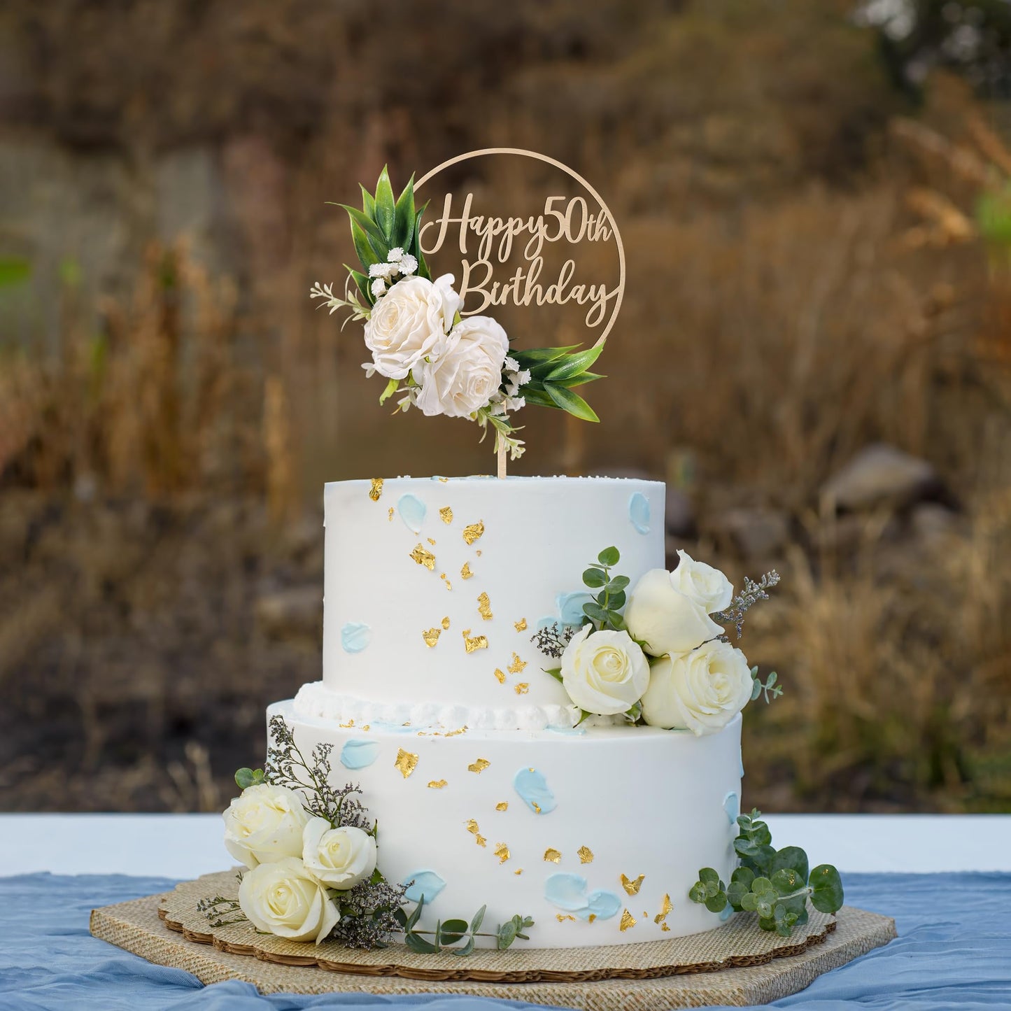 Party to Be Happy 50th Birthday Cake Topper – 3D White Roses