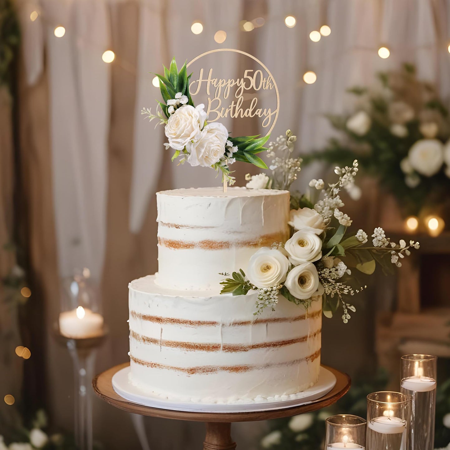 Party to Be Happy 50th Birthday Cake Topper – 3D White Roses