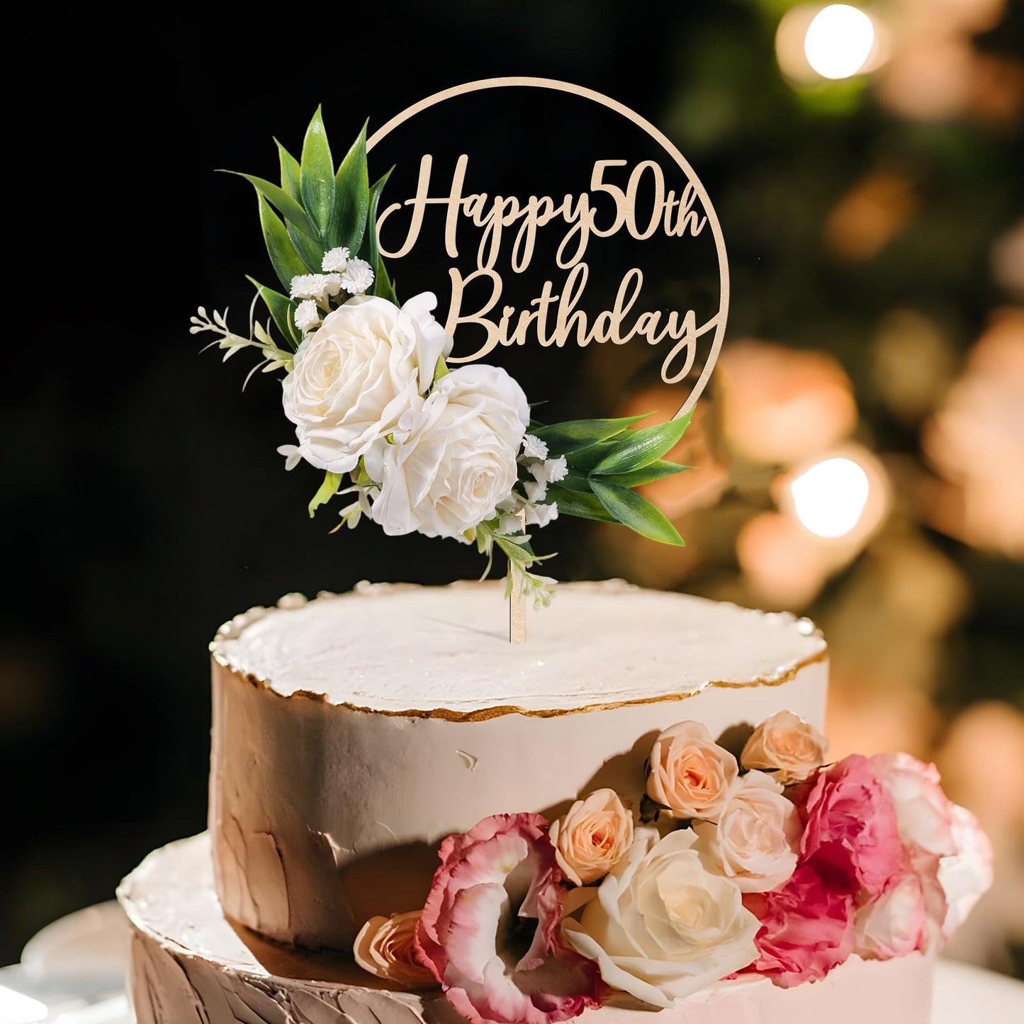 Party to Be Happy 50th Birthday Cake Topper – 3D White Roses
