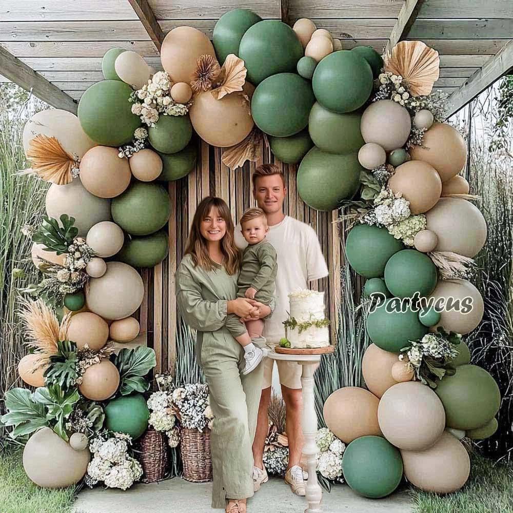 Partycus Sage Green Brown Balloon Arch Kit – Double Stuffed Neutral Garland for Baby Shower, Safari, and More