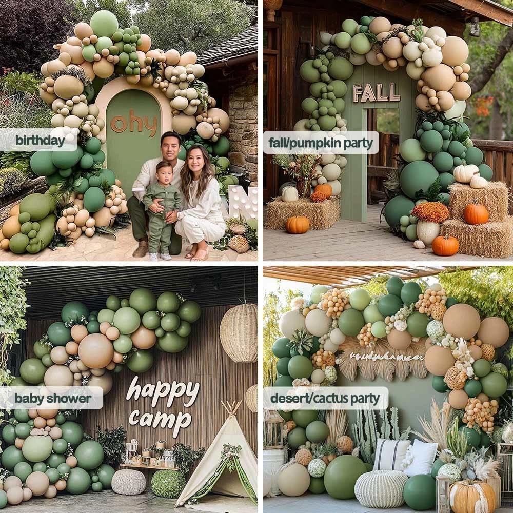 Partycus Sage Green Brown Balloon Arch Kit – Double Stuffed Neutral Garland for Baby Shower, Safari, and More