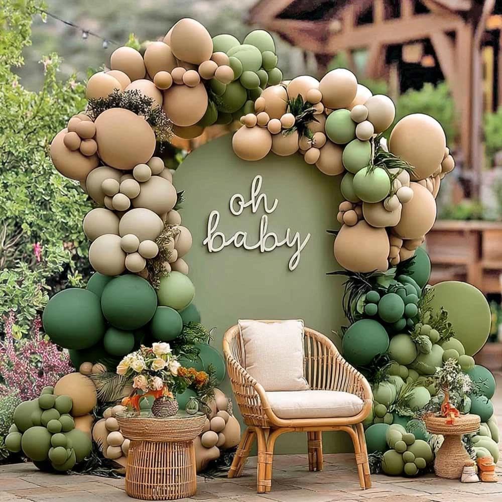 Partycus Sage Green Brown Balloon Arch Kit – Double Stuffed Neutral Garland for Baby Shower, Safari, and More