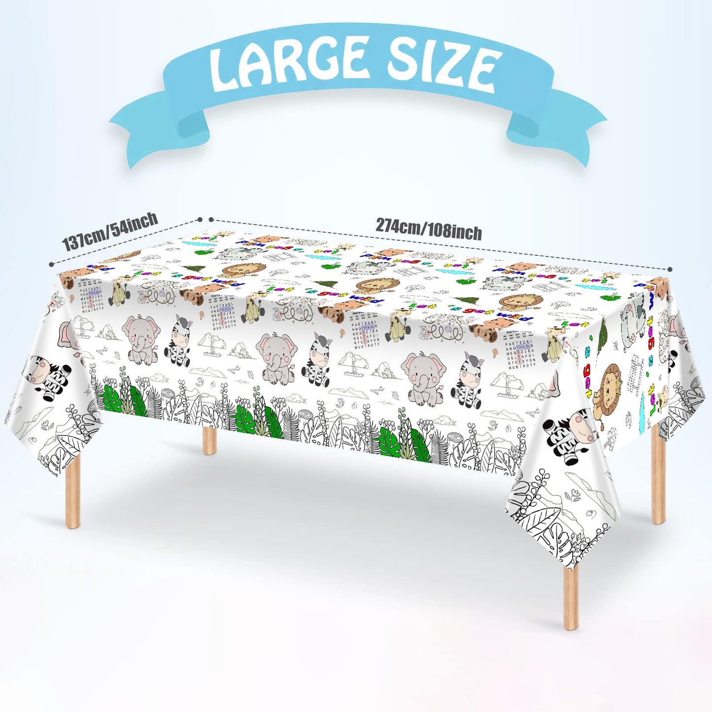 PartyGarden Giant Jungle Animal Coloring Tablecloth 54x108 in — Safari Zoo Theme Kids Party Decor