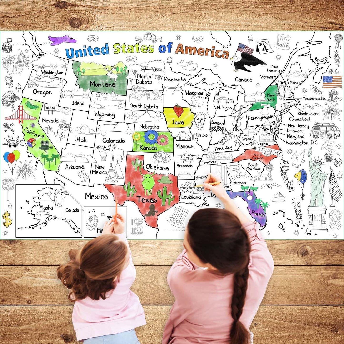 PartyGarden US Map Coloring Poster – 54x33 in Giant United States Map for Kids