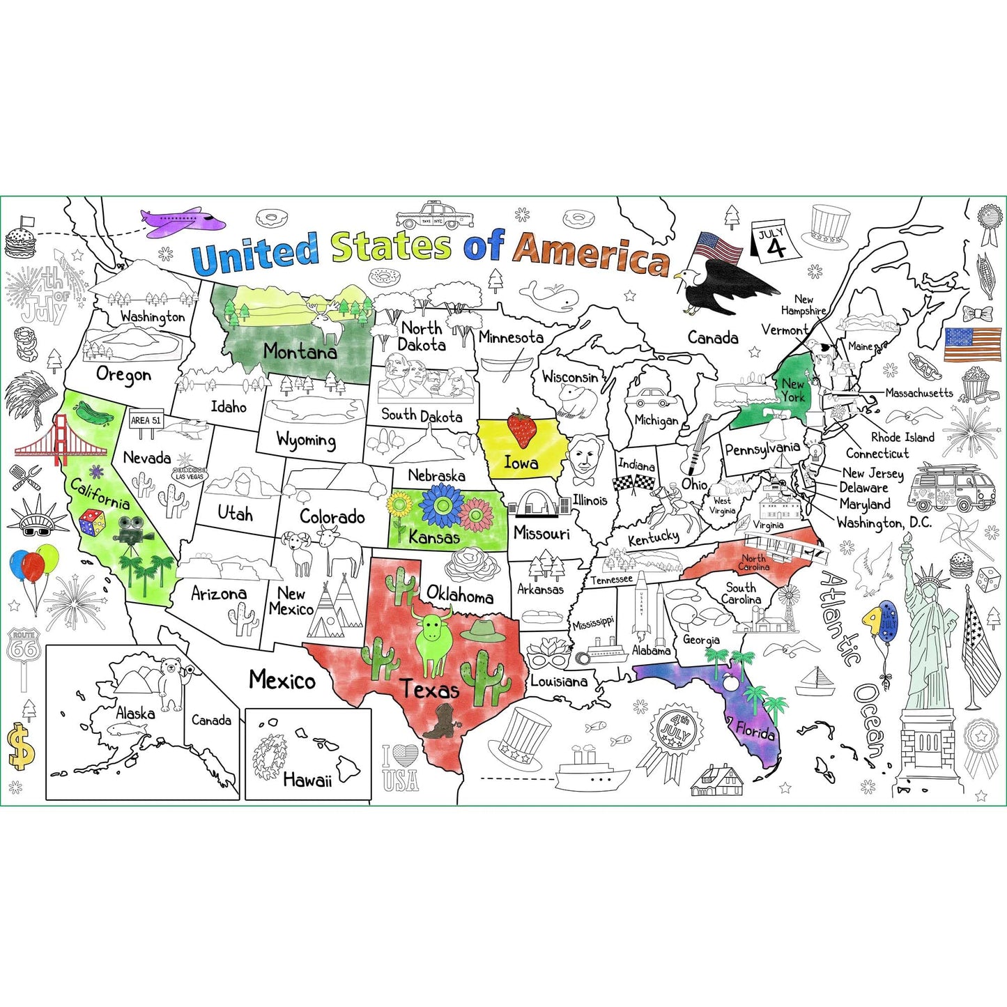 PartyGarden US Map Coloring Poster – 54x33 in Giant United States Map for Kids