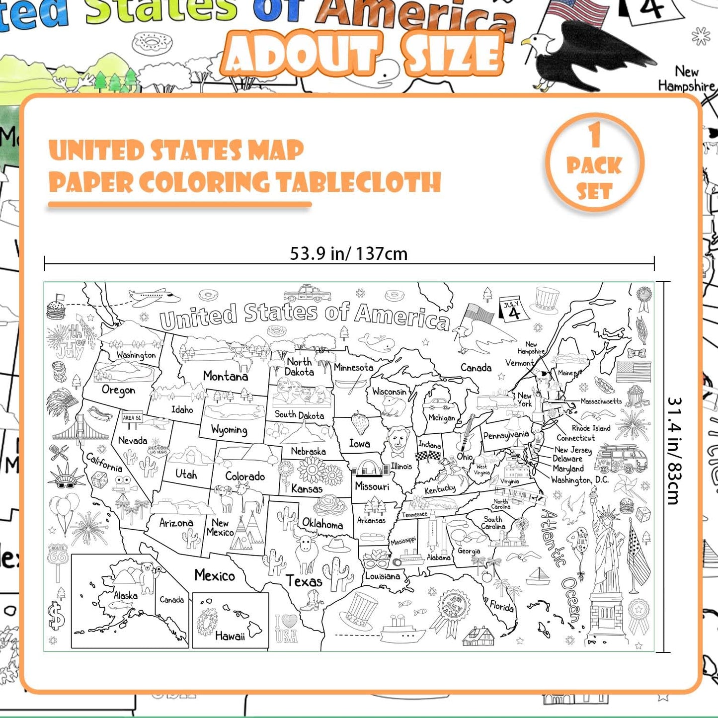 PartyGarden US Map Coloring Poster – 54x33 in Giant United States Map for Kids
