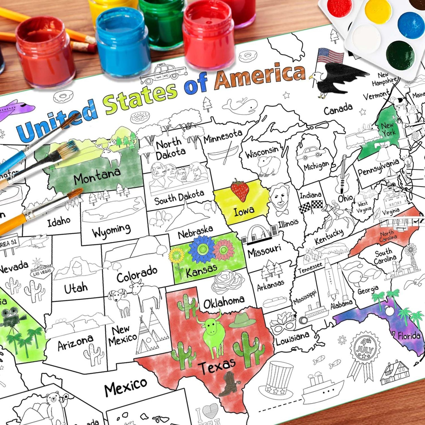 PartyGarden US Map Coloring Poster – 54x33 in Giant United States Map for Kids