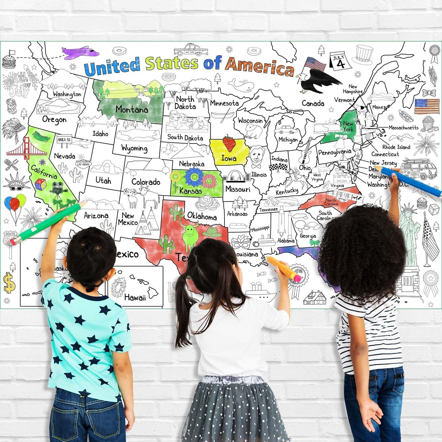 PartyGarden US Map Coloring Poster – 54x33 in Giant United States Map for Kids