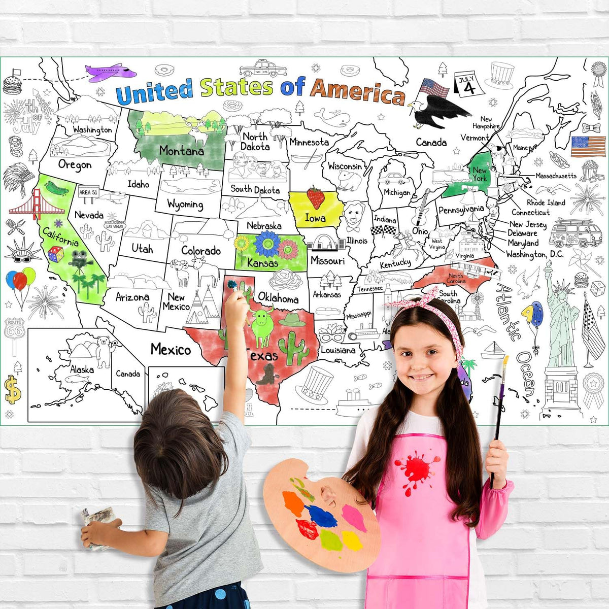 PartyGarden US Map Coloring Poster – 54x33 in Giant United States Map for Kids