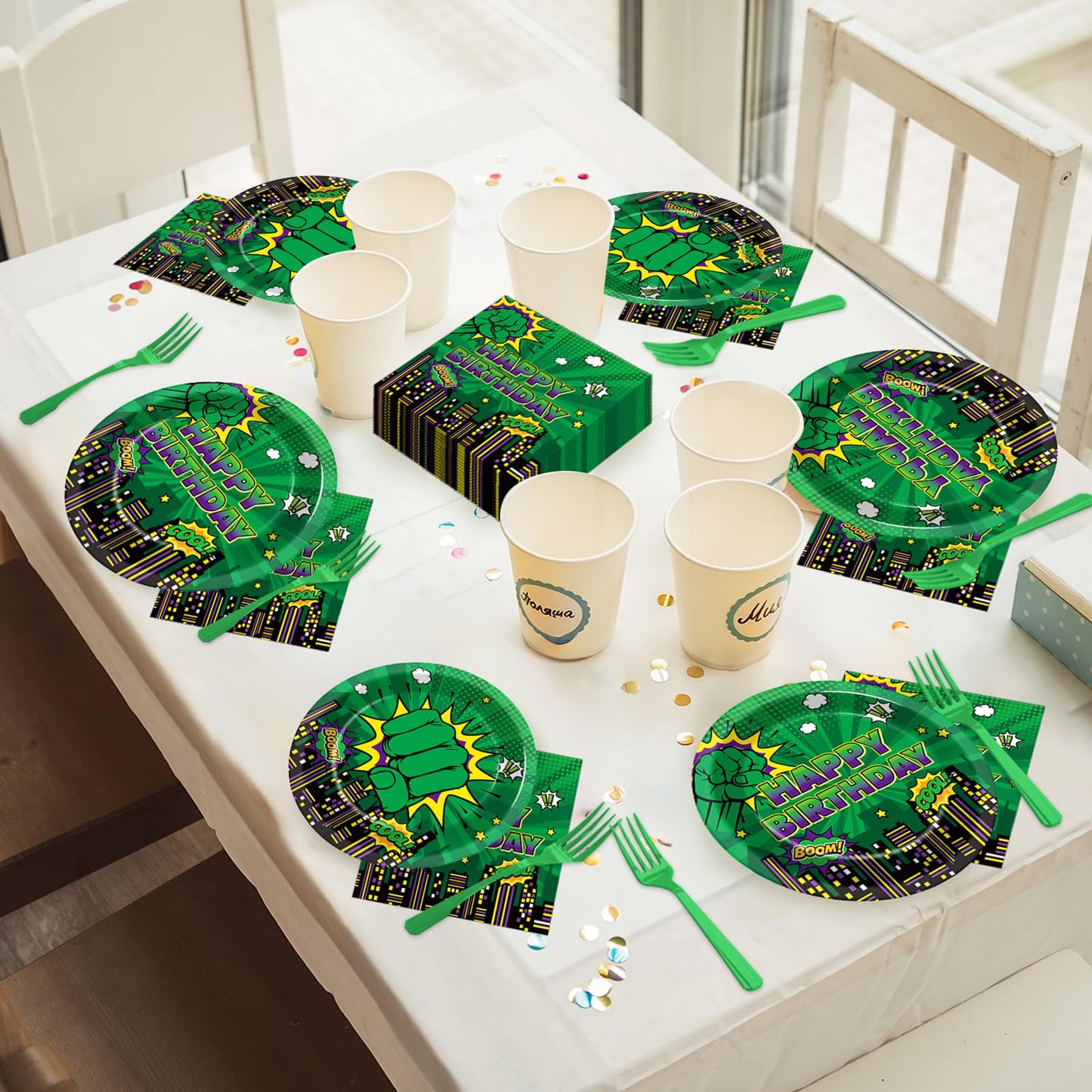 Party Greeting 96Pcs Green Hero Party Plates Napkins Forks - City Silhouettes Theme, Serves 24