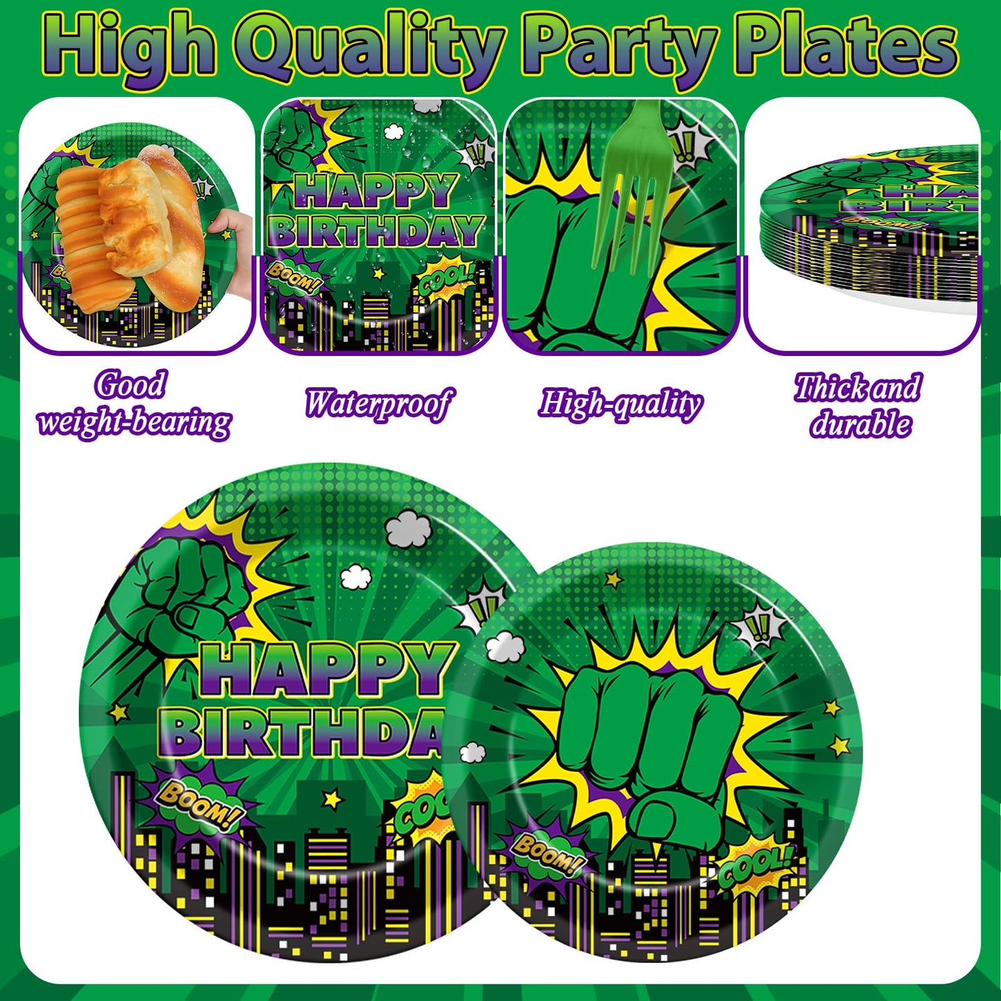 Party Greeting 96Pcs Green Hero Party Plates Napkins Forks - City Silhouettes Theme, Serves 24