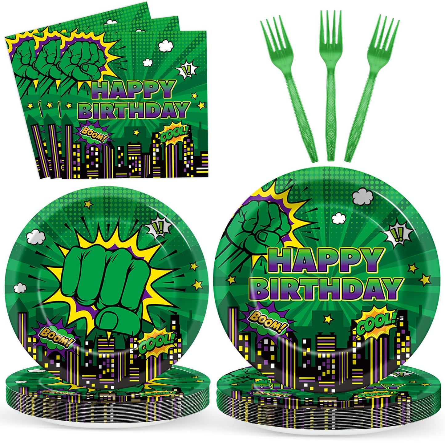 Party Greeting 96Pcs Green Hero Party Plates Napkins Forks - City Silhouettes Theme, Serves 24