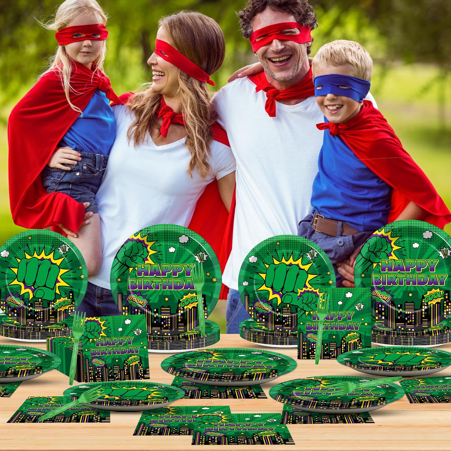 Party Greeting 96Pcs Green Hero Party Plates Napkins Forks - City Silhouettes Theme, Serves 24