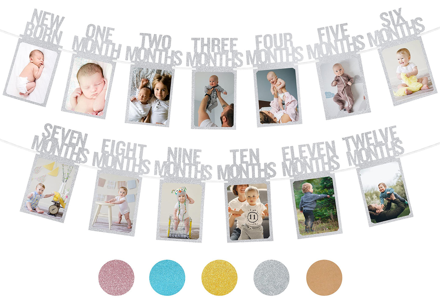 PartyHooman 1st Birthday Photo Banner — Pre-strung Silver Frame, Newborn to 12 Months Milestones