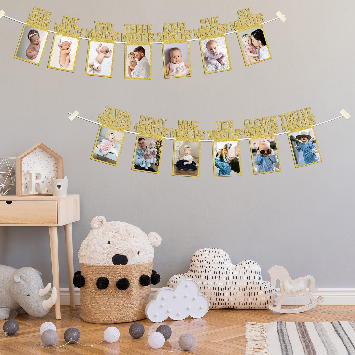PartyHooman 1st Birthday Photo Banner – Pre-Strung, Frames & Newborn Card (Gold)