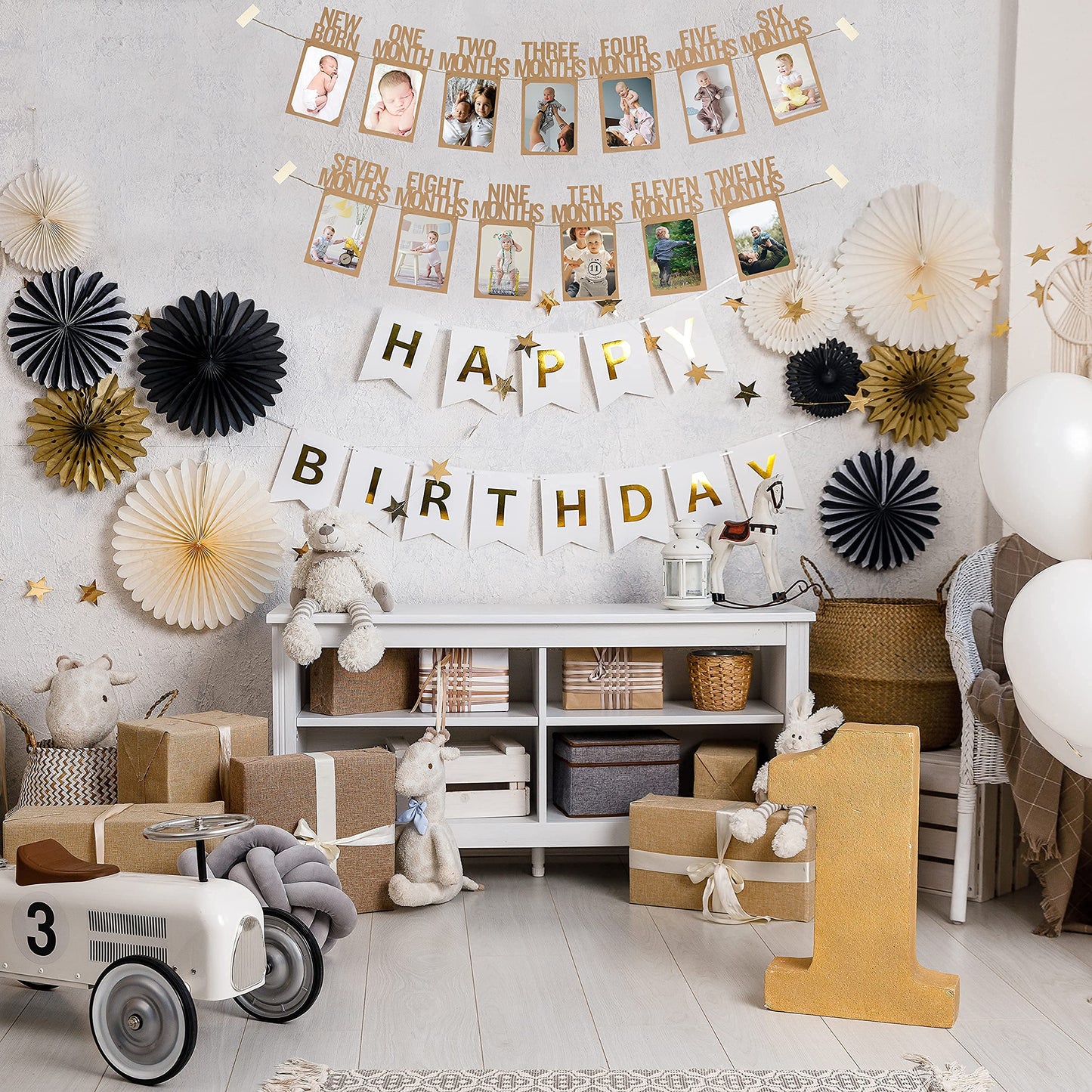 PartyHooman 1st Birthday Photo Banner — Newborn to 12 Months (Kraft)
