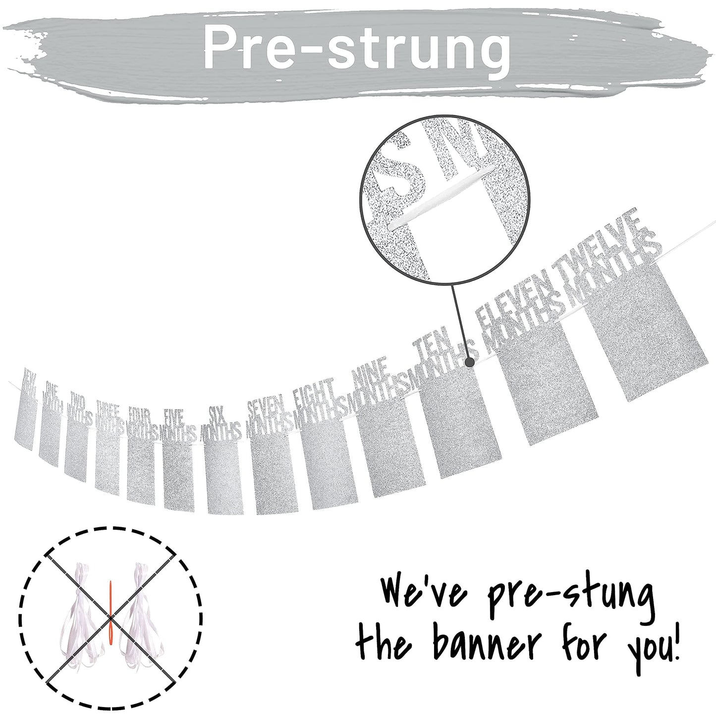PartyHooman 1st Birthday Photo Banner — Pre-strung Silver Frame, Newborn to 12 Months Milestones
