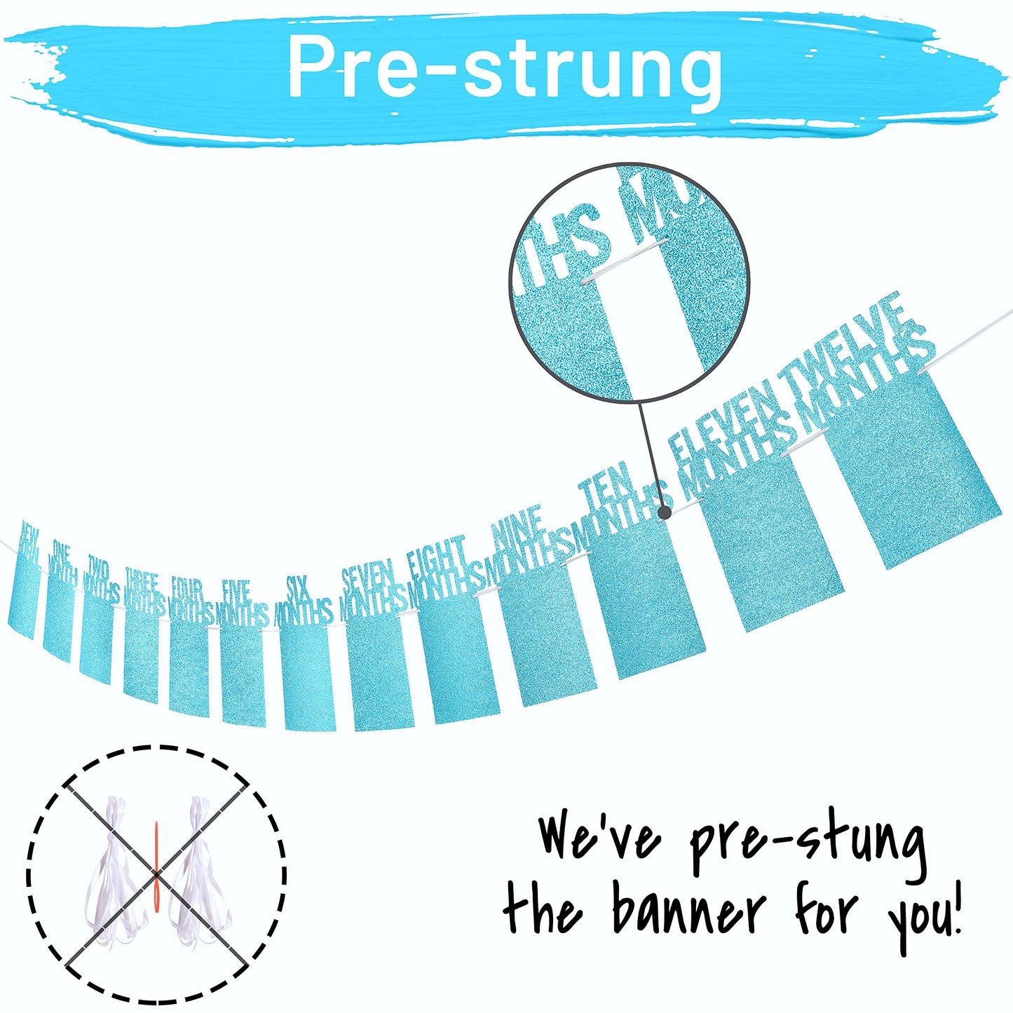 PartyHooman 1st Birthday Photo Banner Blue – Pre-Strung Milestones 0–12 Months