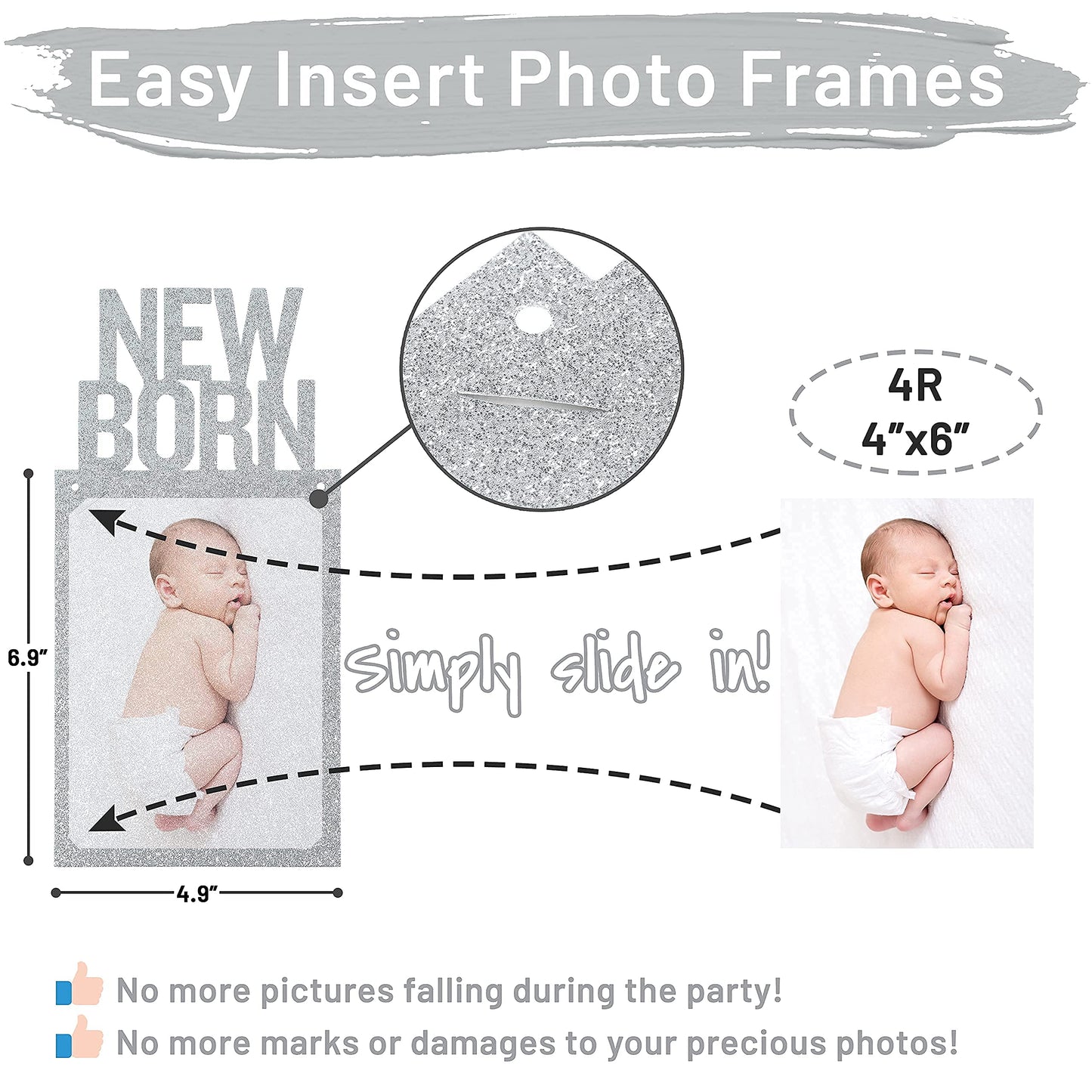 PartyHooman 1st Birthday Photo Banner — Pre-strung Silver Frame, Newborn to 12 Months Milestones