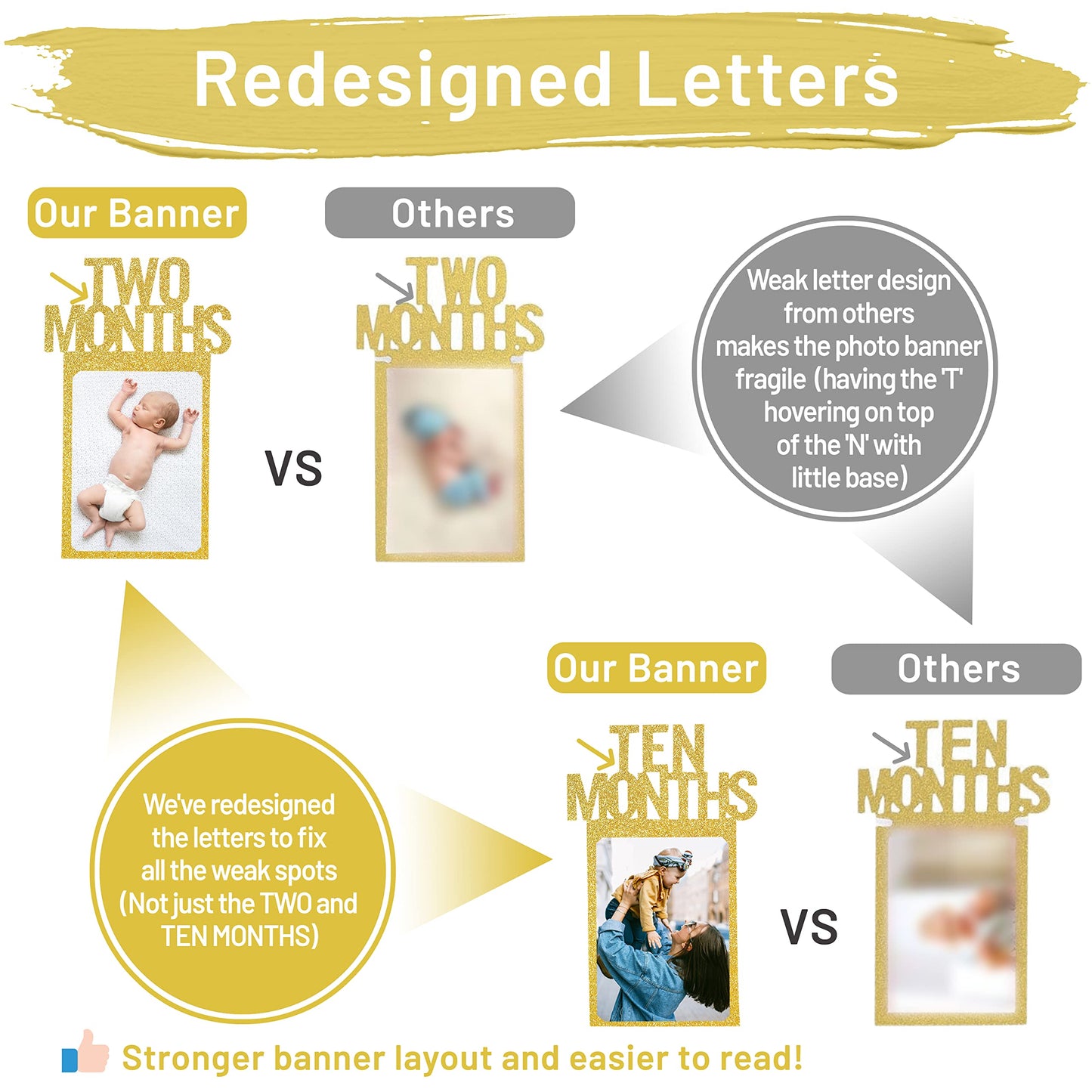 PartyHooman 1st Birthday Photo Banner – Pre-Strung, Frames & Newborn Card (Gold)