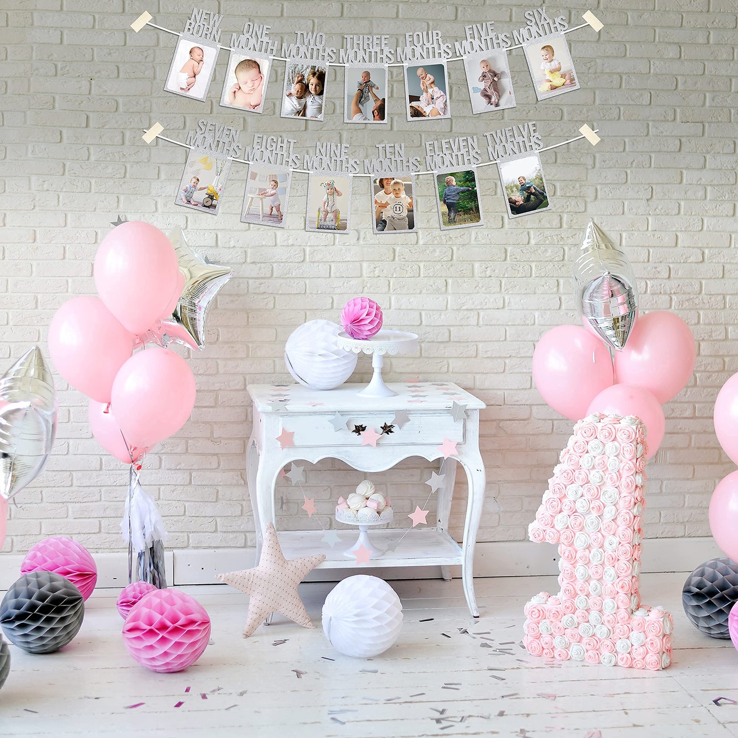 PartyHooman 1st Birthday Photo Banner — Pre-strung Silver Frame, Newborn to 12 Months Milestones
