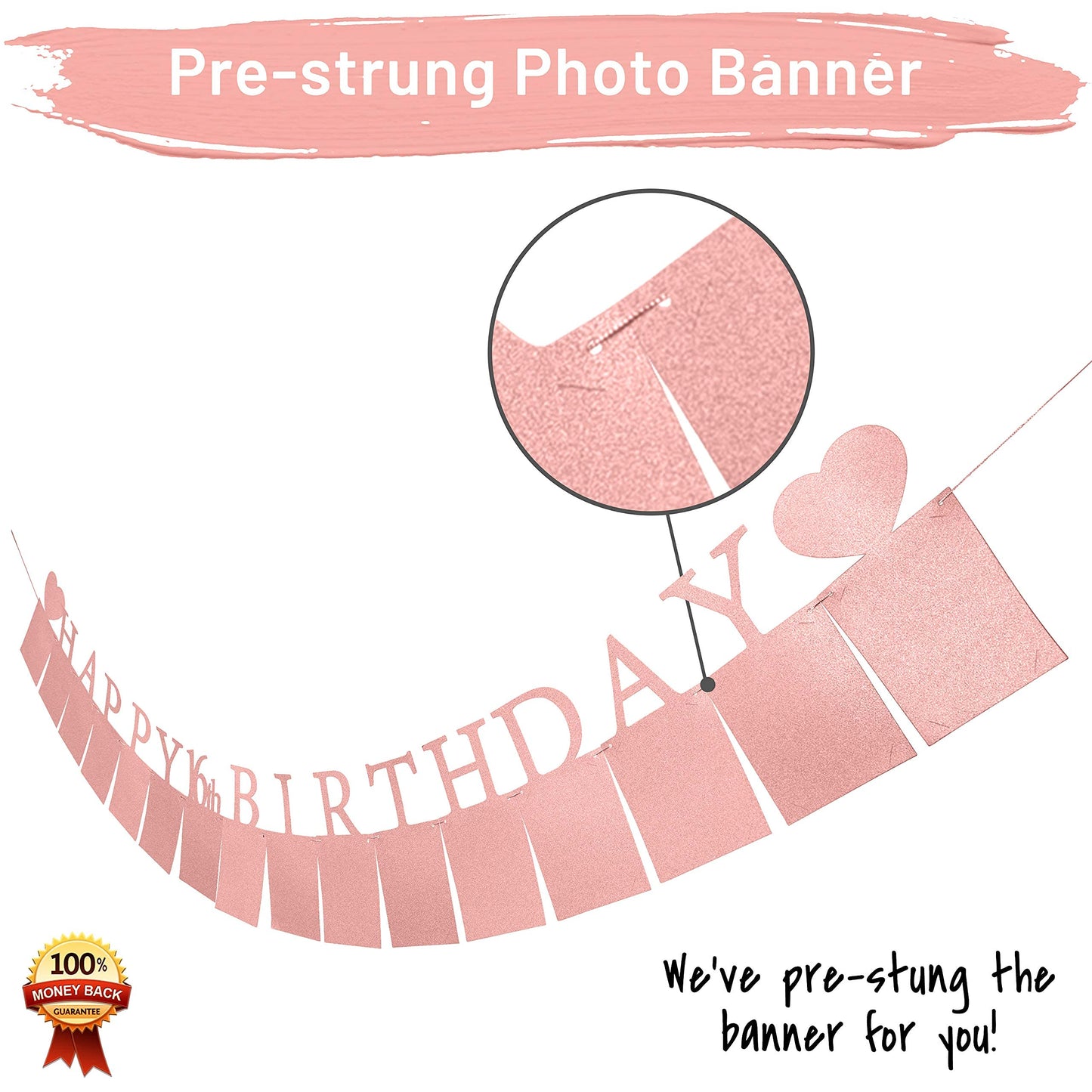Sweet 16 Photo Banner in Rose Gold – Pre-assembled with 16 Frames | PartyHooman