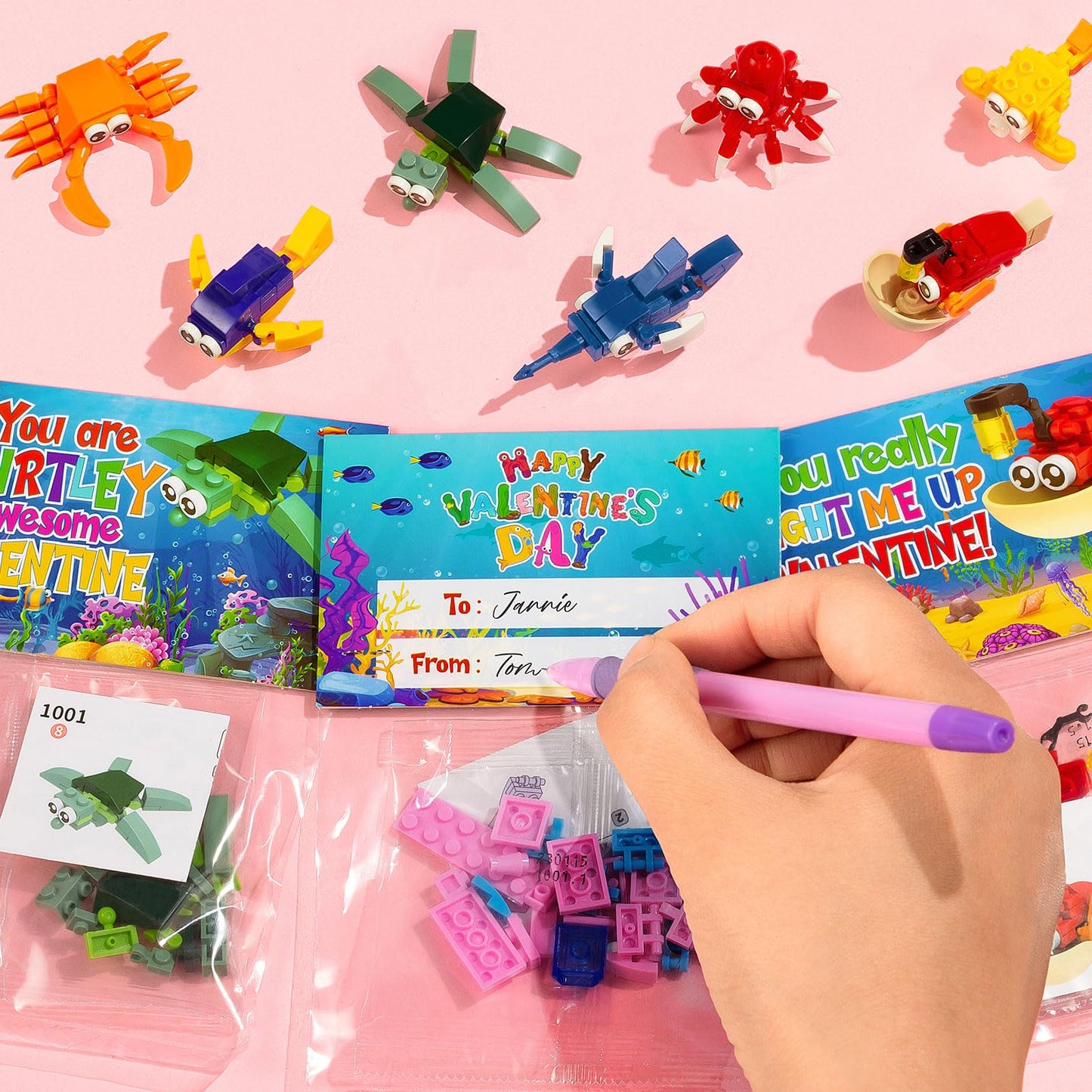 Partylamb Valentines Day Gifts for Kids – Sea Animals Building Blocks & Cards (24-Pack)