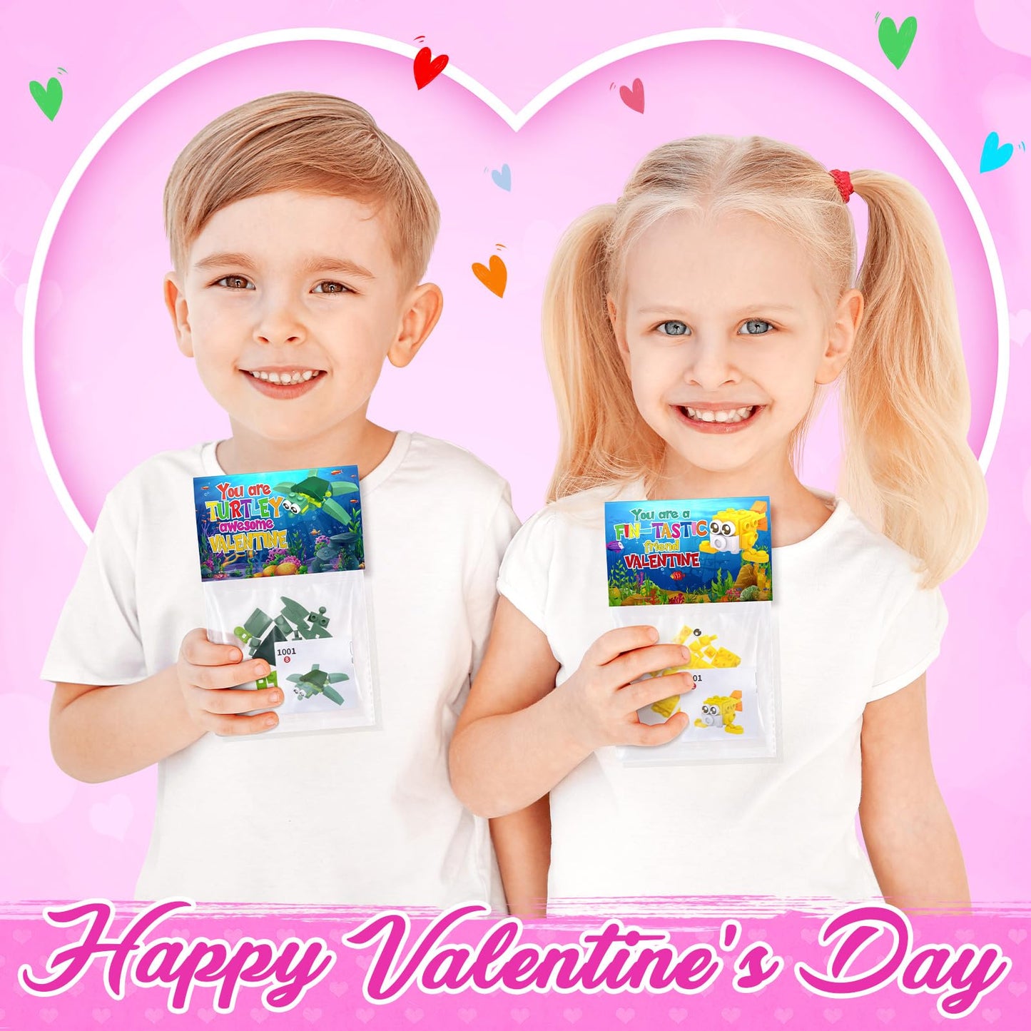 Partylamb Valentines Day Gifts for Kids – Sea Animals Building Blocks & Cards (24-Pack)