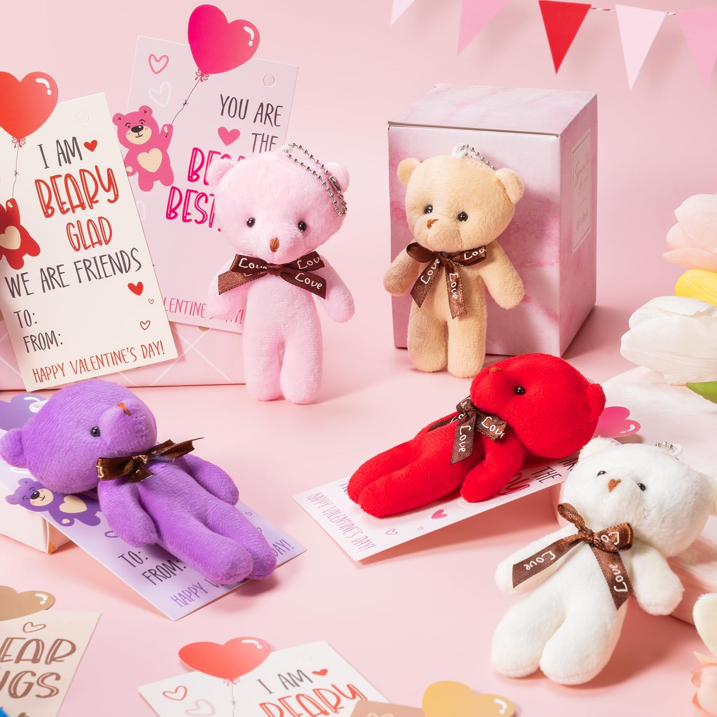 Partylamb Valentines Day Gifts for Kids — 24-Pack Mini Bear Keychains + Cards